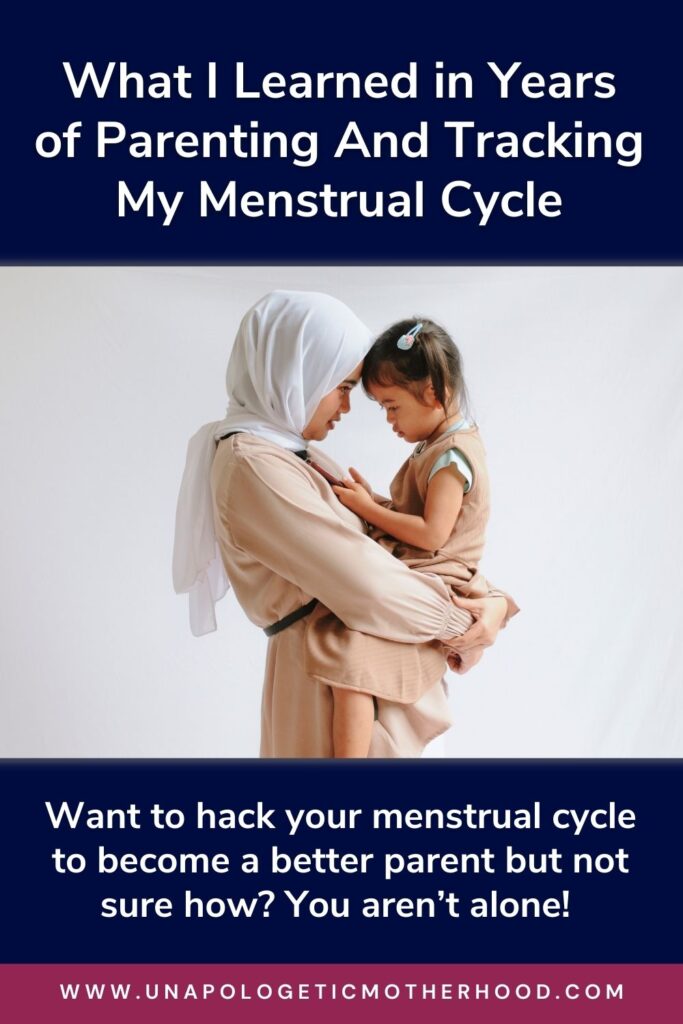 A woman wearing a hijab hold a little girl. The text above them reads "What I Learned in Years of Parenting And Tracking My Menstrual Cycle". The text below reads "Want to hack your menstrual cycle to become a better parent but not sure how? You aren't alone!