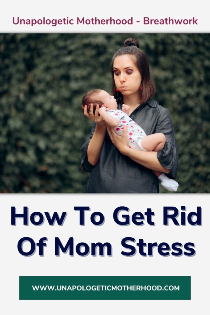 A stressed woman holds a baby. The text below her reads "How To Get Rid Of Mom Stress"
