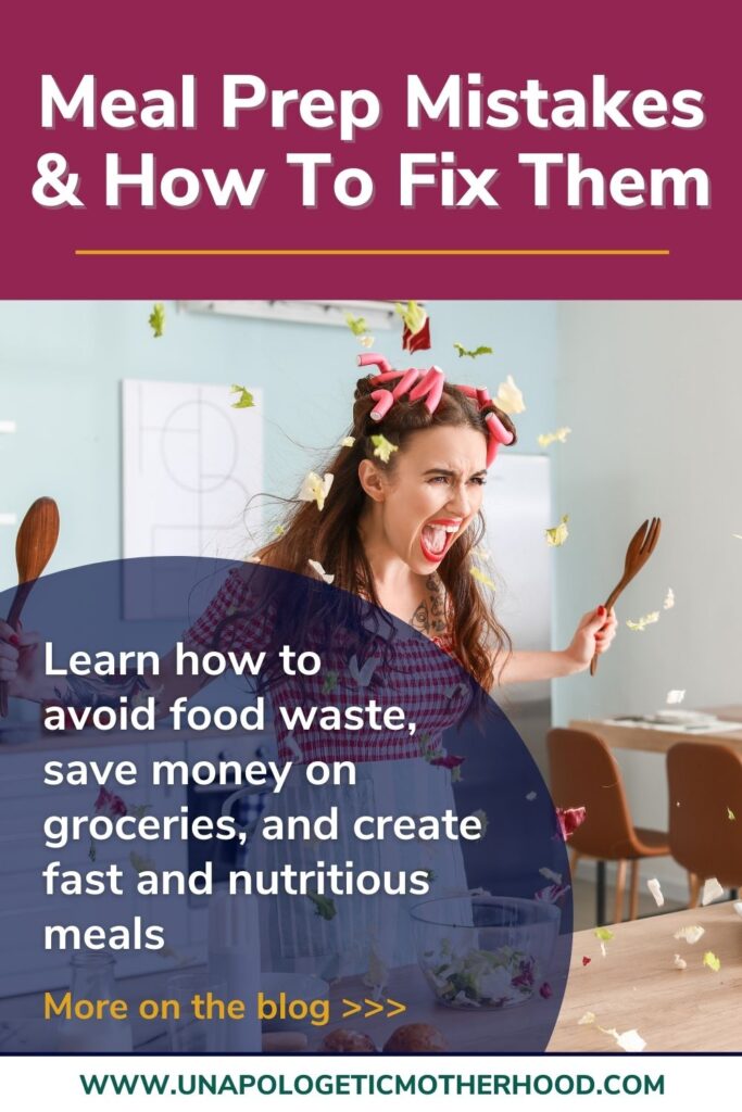 A woman yells in frustration holding two wooden spoons as food flies around her. The text above reads "Meal Prep Mistakes & How To Fix Them" and the text below reads "Learn how to avoid food waste, save money on groceries, and create fast and nutritious meals".