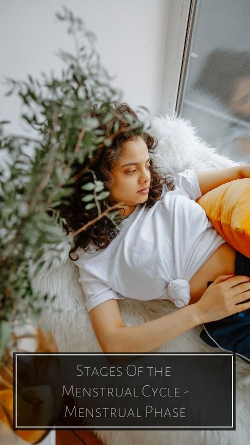 A woman lies on a fluffy blanket holding a pillow and looking out the window. The text below her reads "Stages of the Menstrual Cycle - Menstruation Phase"